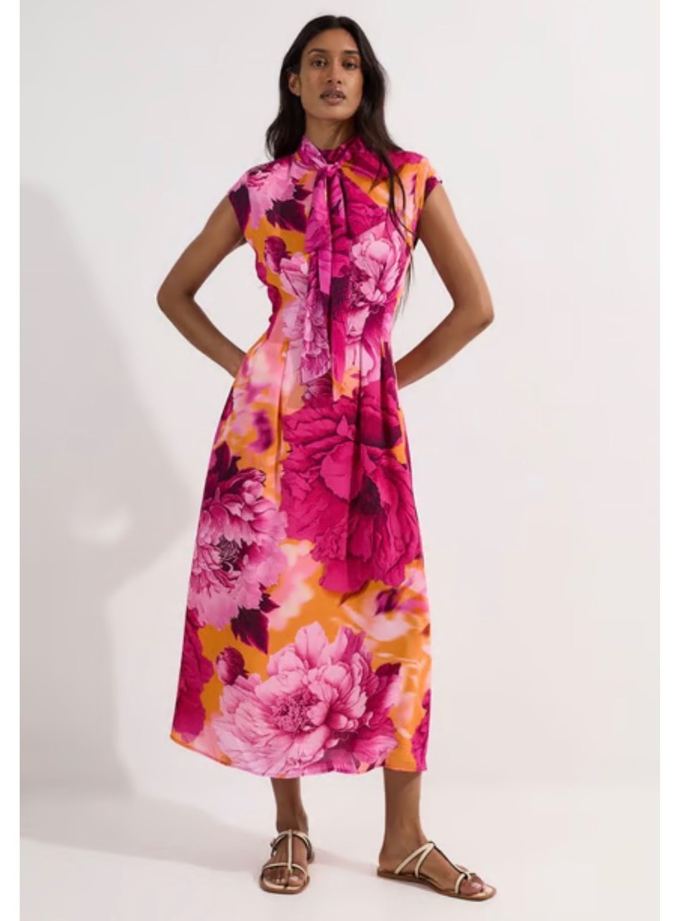 NWT Karen Millen Bold Abstract Floral Tie Neck All Occassion Summer Midi Dress 6